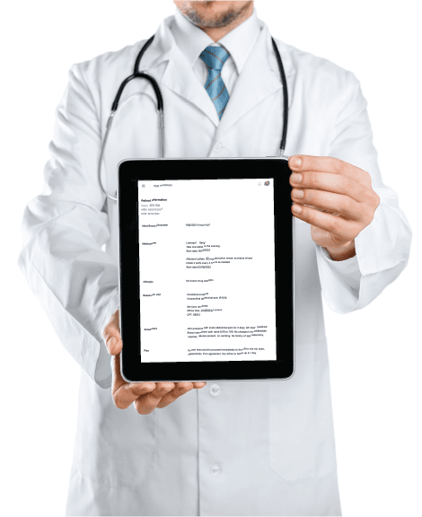 doctor holding a tablet displaying a summary note